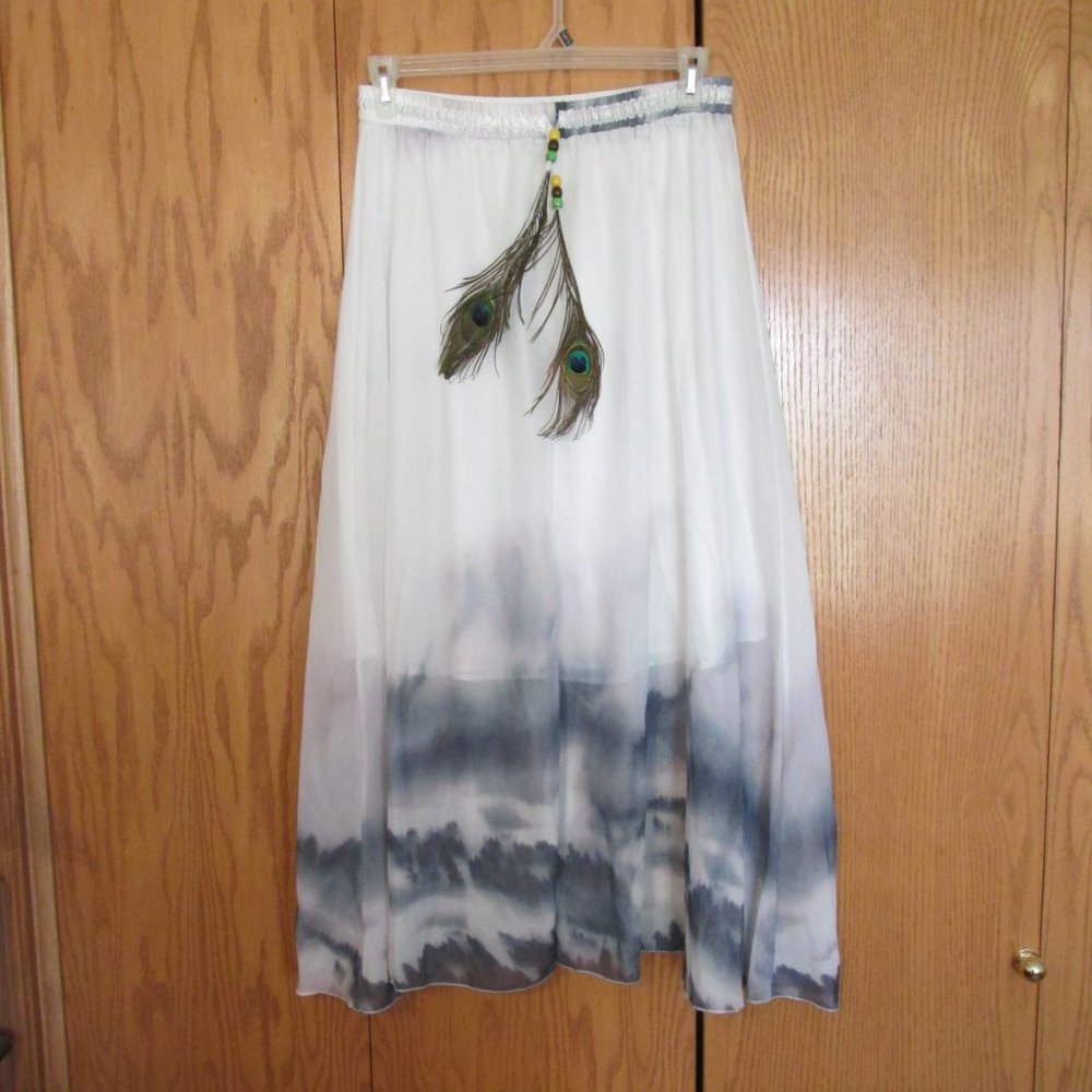 EXOTIC WOMEN'S SIZE XL SKIRT WHITE BLUE BORDER PRINT DRAWSTRING PEACOCK FEATHERS